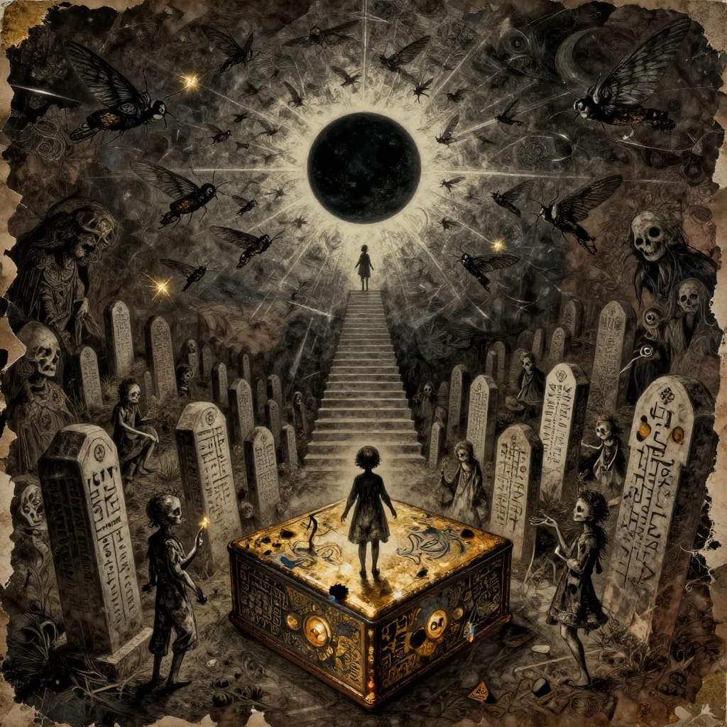 A child's music box holds a tiny graveyard climbing into dark stairs. Tiny figures dance on stones with ancient scripts. Black moths form glowing symbols. A cold black sun casts fractured light. Distressed paper collage with gold highlights and ink textures. Deep blacks and gold contrast. Unsettling, mysterious atmosphere.