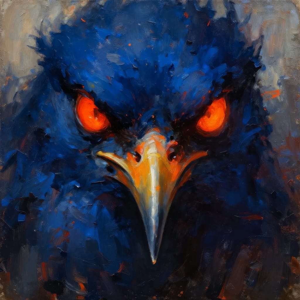 A close-up of a bird’s face in a bold, textured oil painting. Dark blues and fiery orange highlight intense eyes and a sharp beak. Dramatic lighting adds mystery and power.