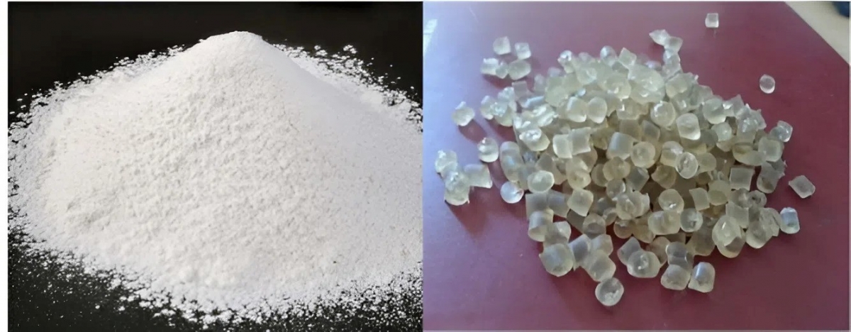 Hạt tinh bột sắn (trái) và hạt TPS (phải) Hạt tinh bột sắn (trái) và hạt TPS (phải)