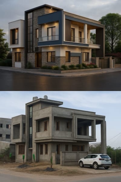 Modern house elevation night view with exterior lighting design