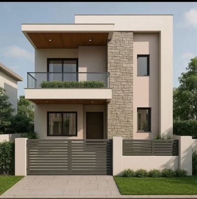 Modern minimalist house elevation design with clean lines and neutral colors