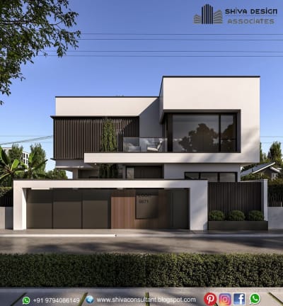 Modern duplex house elevation design with balcony and glass railing