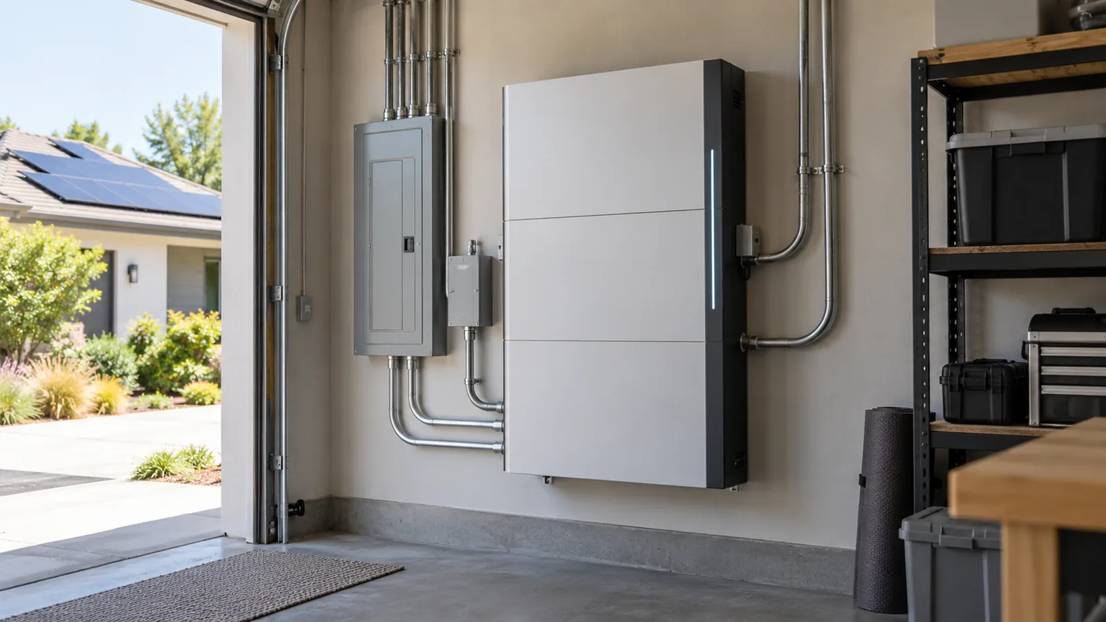 Modern residential home battery system installed beside an electrical panel in a U.S. garage
