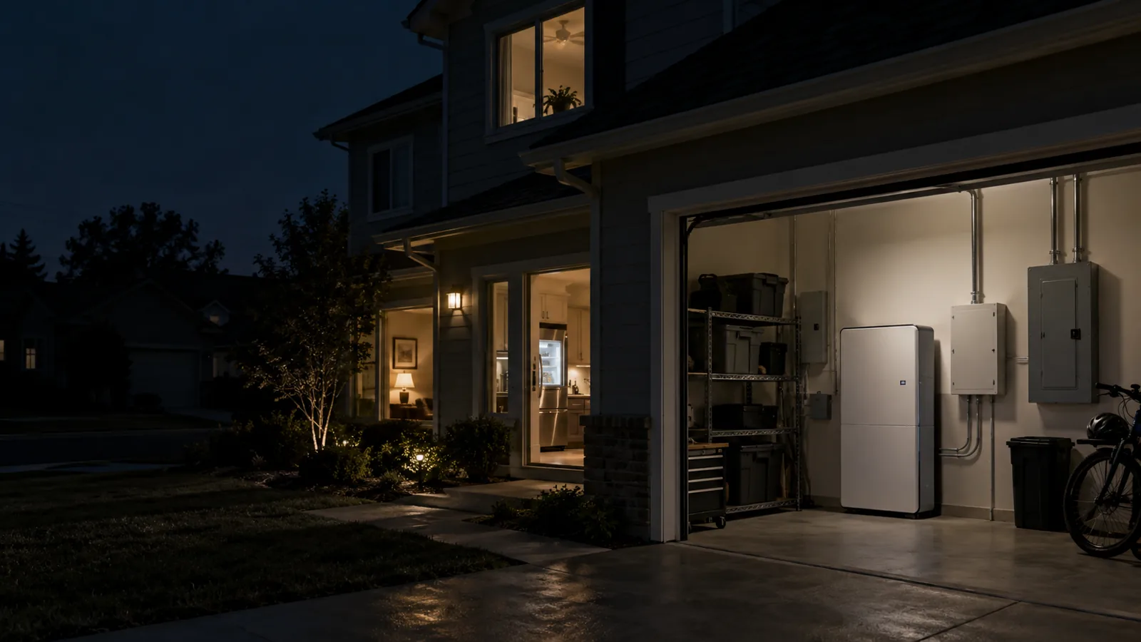 Home battery backup keeping essential household loads powered during a nighttime outage