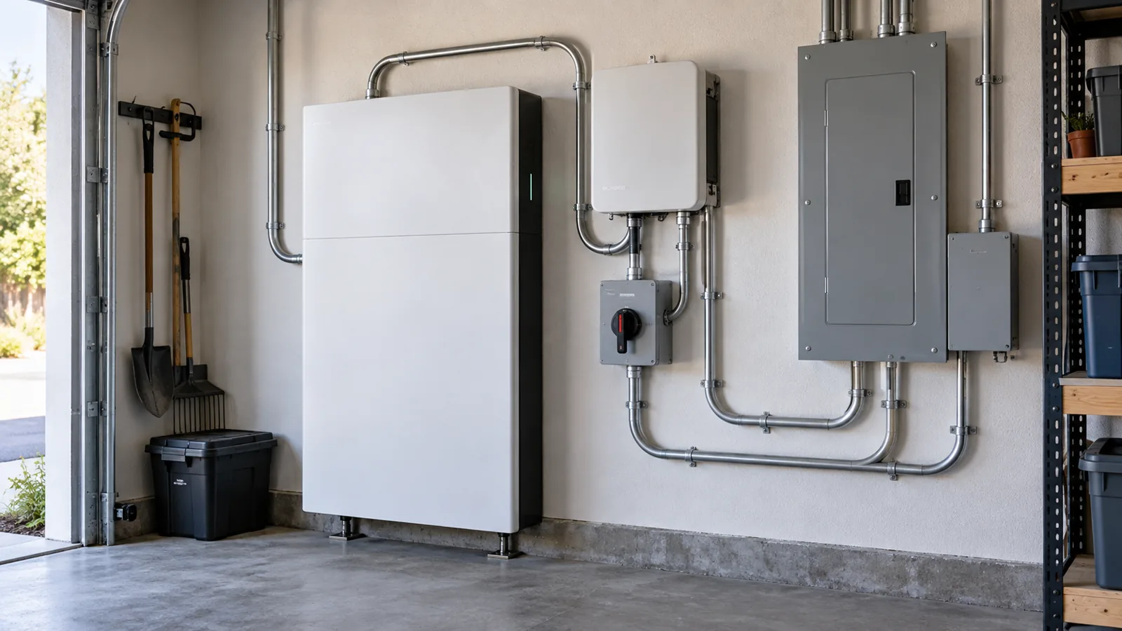 Professionally installed residential battery with electrical panel, conduit and backup equipment