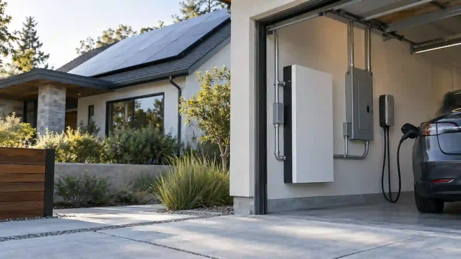 Modern U.S. home with rooftop solar, home battery storage and Level 2 EV charging equipment