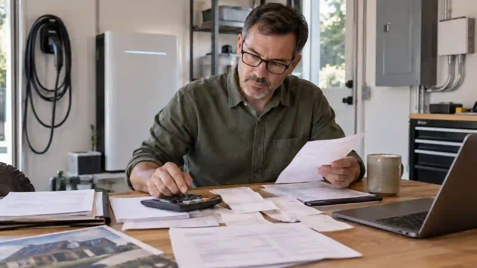 Homeowner reviewing installation receipts and energy-upgrade paperwork for a prior eligible federal tax-credit claim