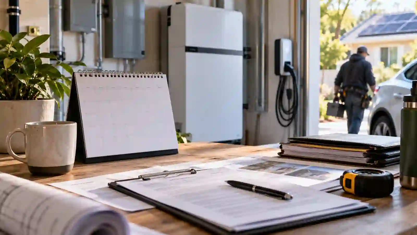 Home-energy equipment beside an ordinary calendar and installer paperwork, illustrating federal incentive deadlines