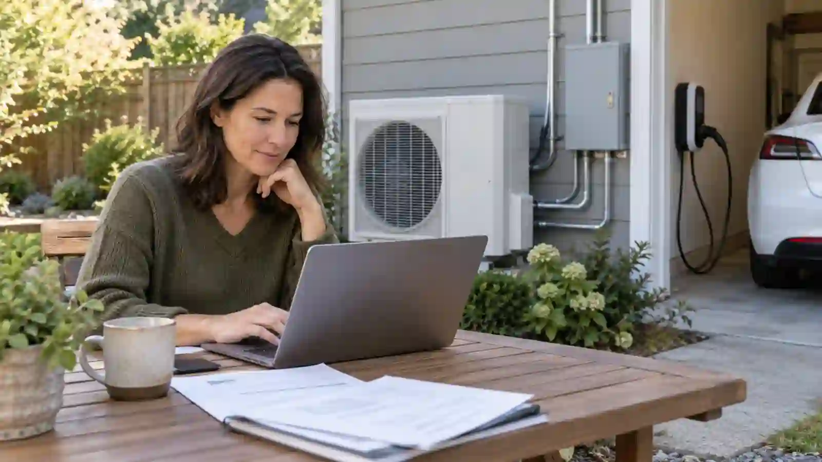 Homeowner researching separate home-energy rebate and utility incentive options beside efficient electric equipment