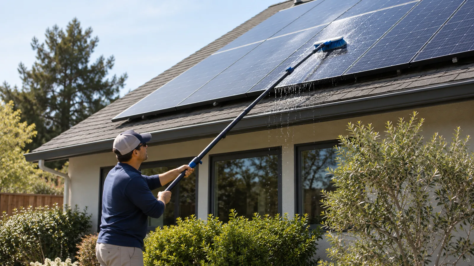 Solar panels being cleaned gently from ground level using a long soft extension brush and water