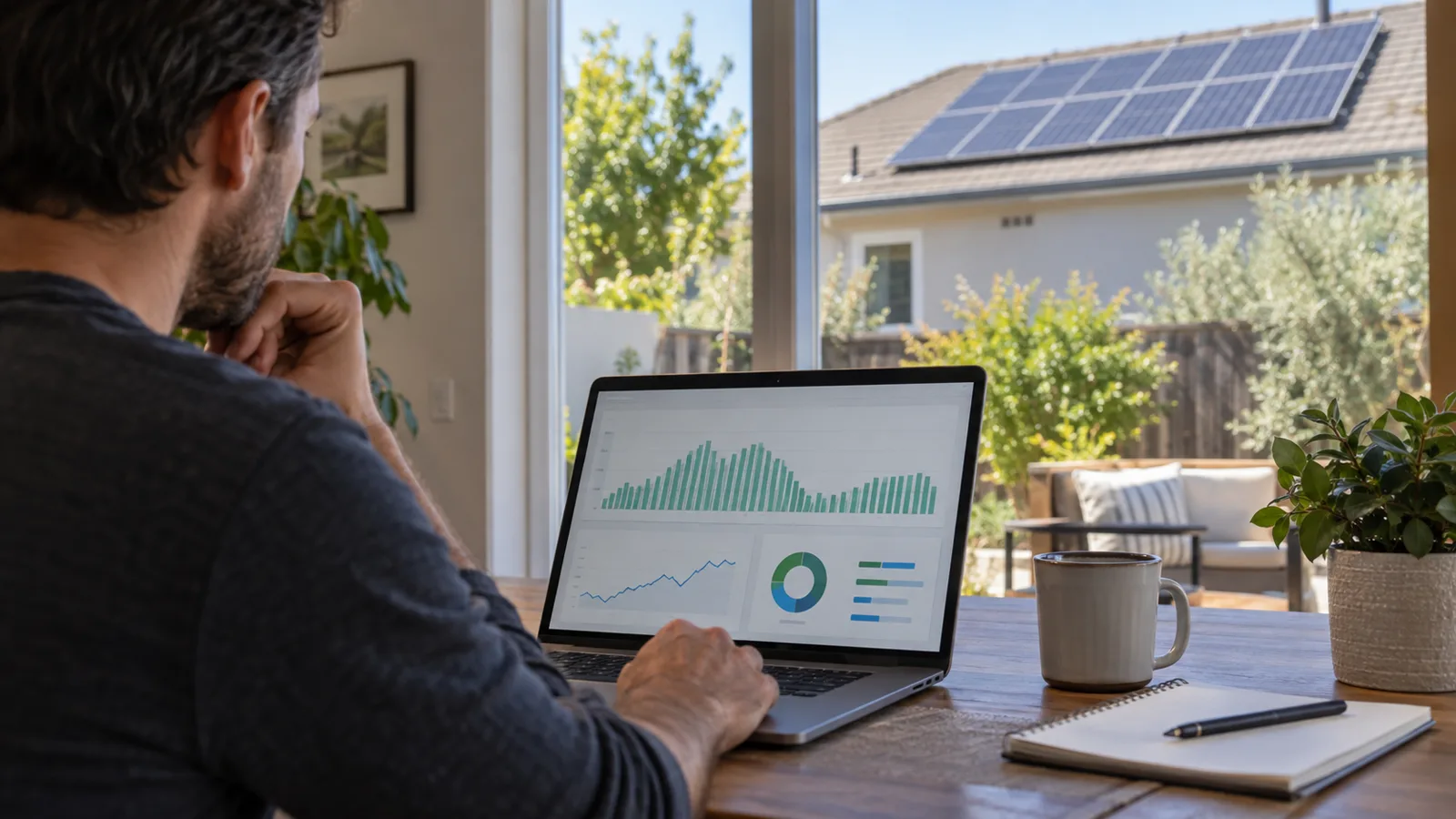 Homeowner reviewing solar production trends indoors before deciding whether panel cleaning is needed