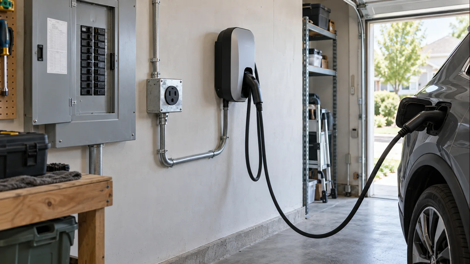 U.S. residential garage with a Level 2 EV charger, 240V receptacle, electrical panel and conduit