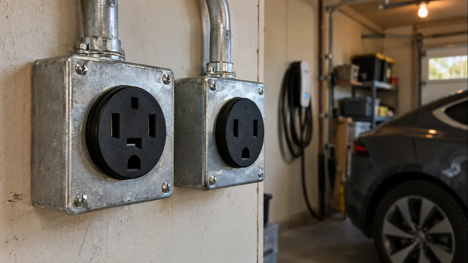 NEMA 14-50 and NEMA 6-50 style 240V receptacles in separate metal boxes for EV charging comparison