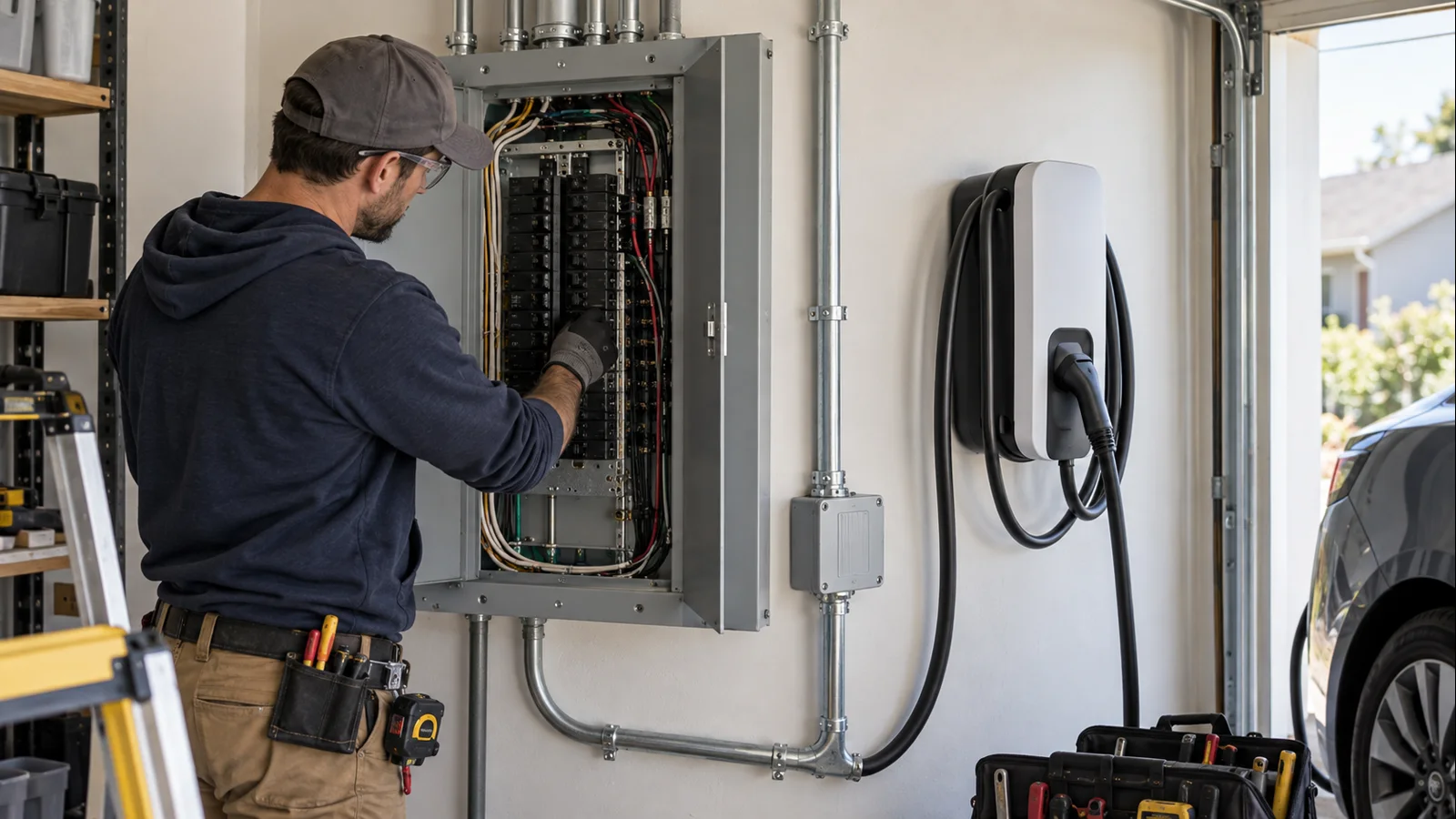 Residential electrical panel, dedicated breaker and conduit serving a 240V Level 2 EV charging circuit