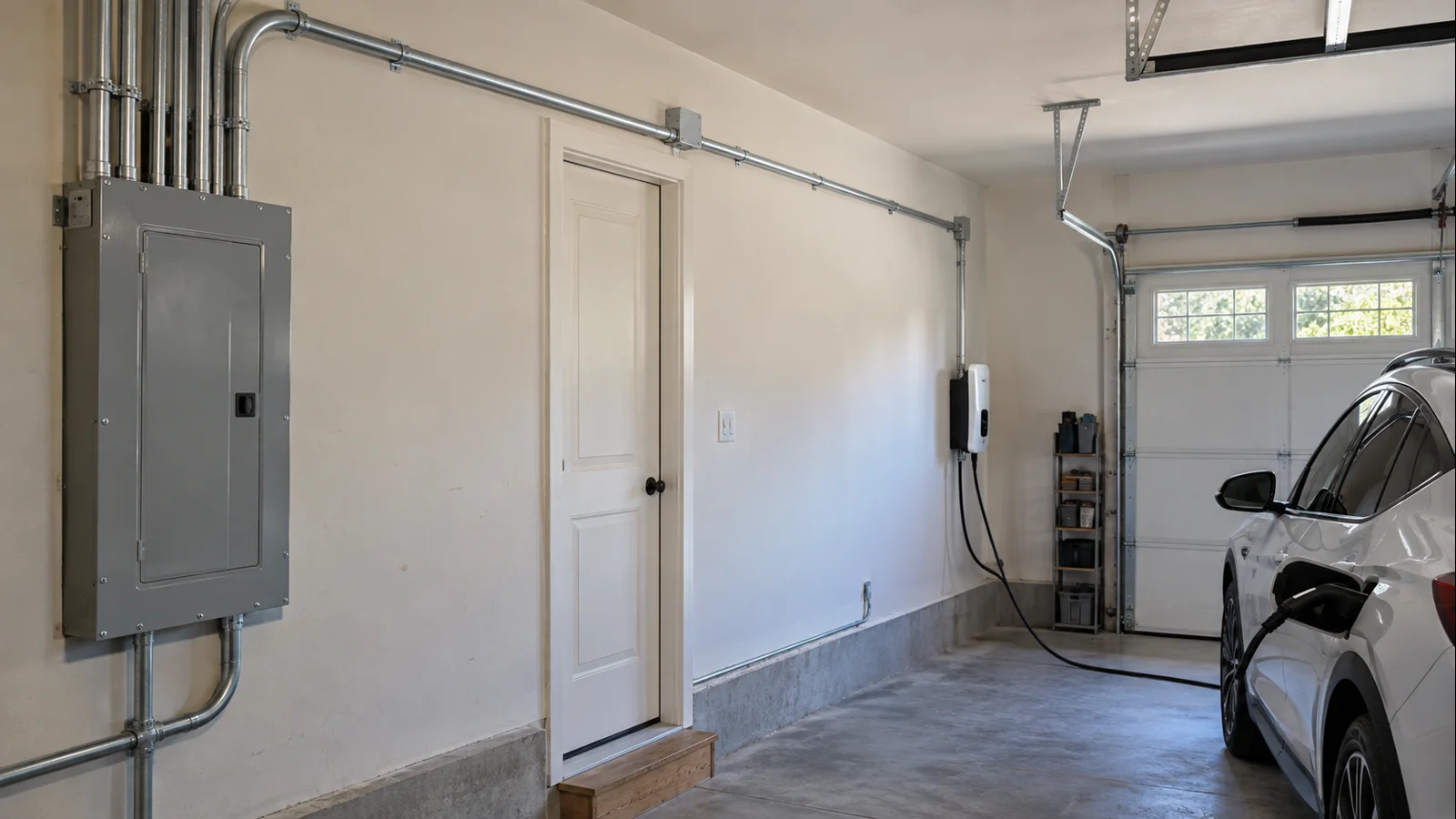Plug-in 240V EV charging setup compared with a hardwired Level 2 EV charger in a residential garage