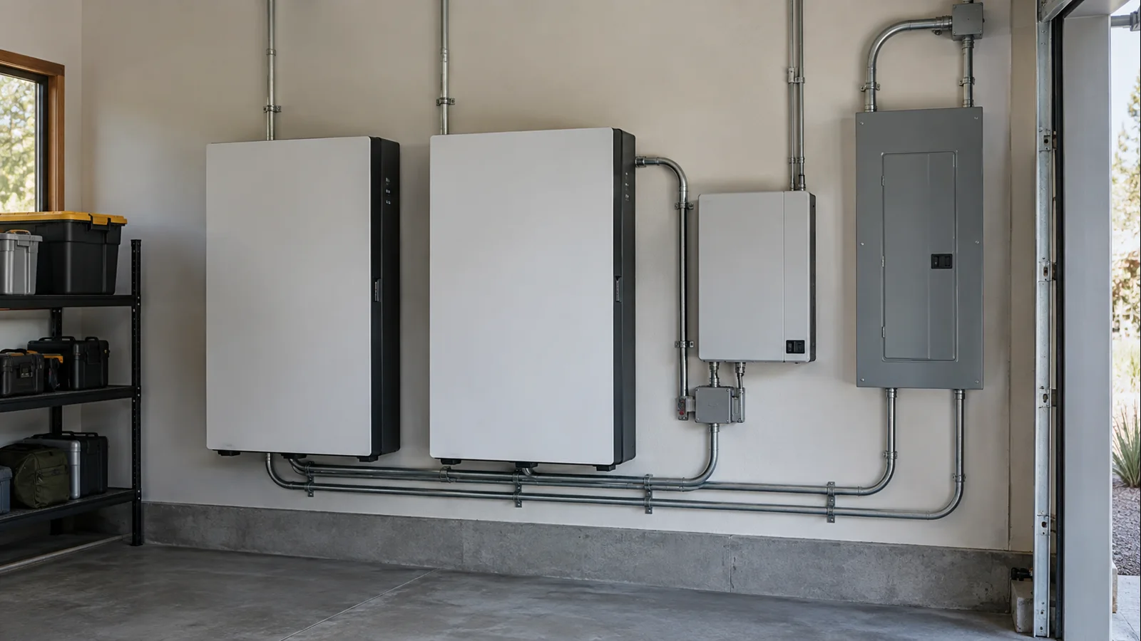 U.S. residential home battery installation with battery cabinets, electrical panel, backup equipment and conduit