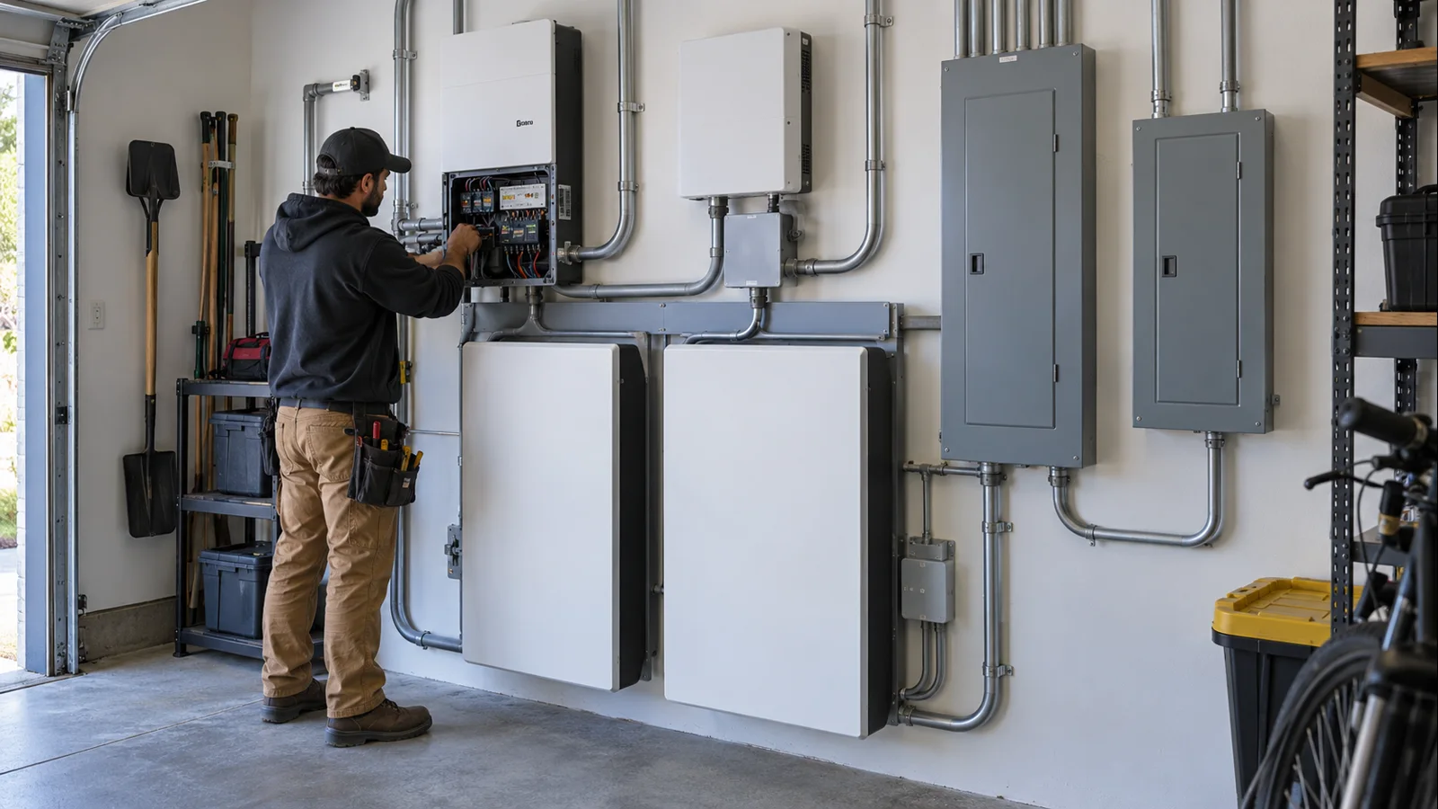 Home battery and electrical equipment illustrating separate energy-capacity and power-design constraints