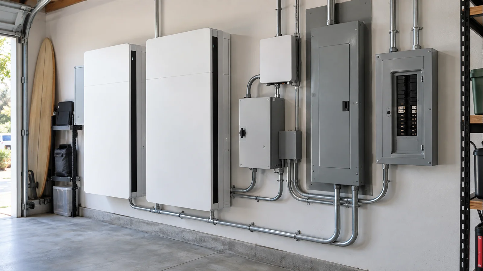 Residential battery backup system with load-management and backup-panel equipment for selected household loads