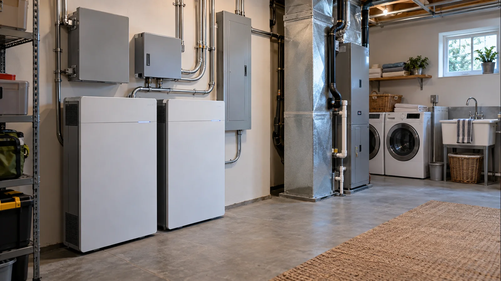 Professional home battery installation with solar integration, transfer equipment, panels and conduit
