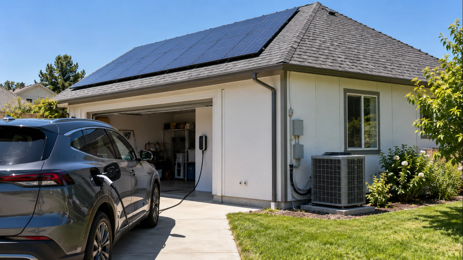 U.S. home with rooftop solar panels on a bright summer day