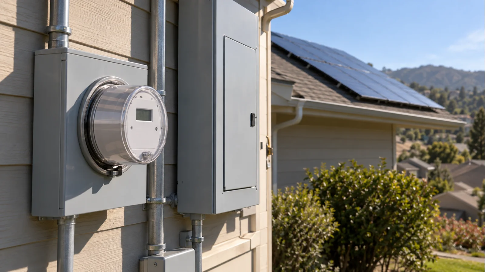 Residential solar array with utility meter and electrical service equipment in summer