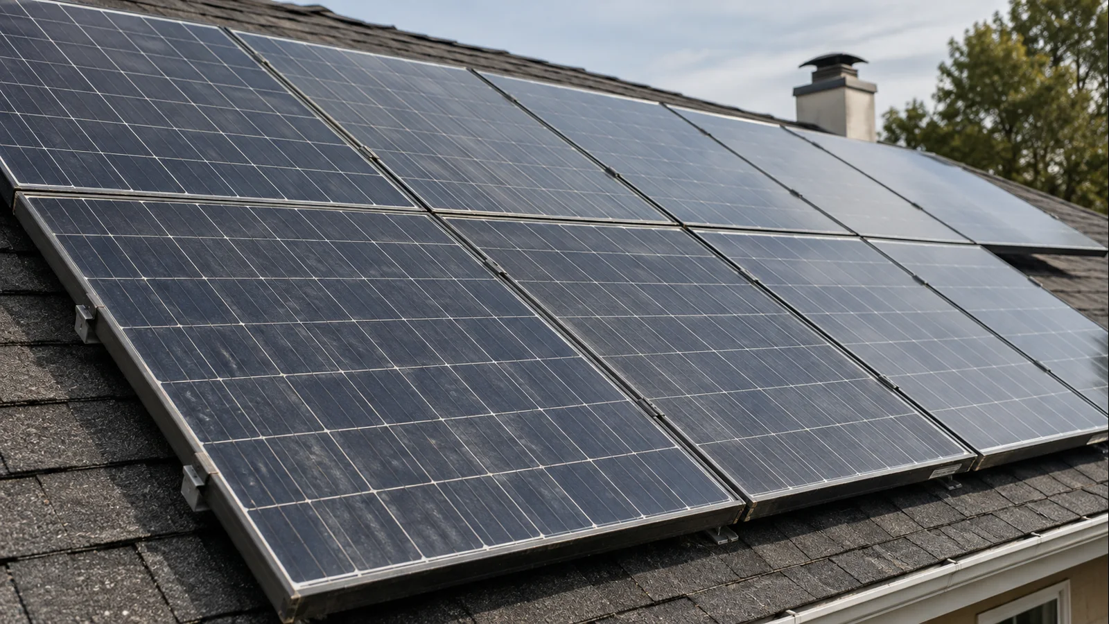 Residential solar modules showing subtle normal weathering and aging without visible damage