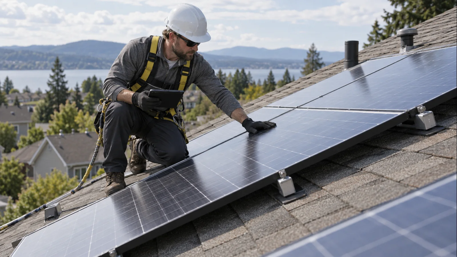 Solar technician safely inspecting residential rooftop modules and mounting hardware