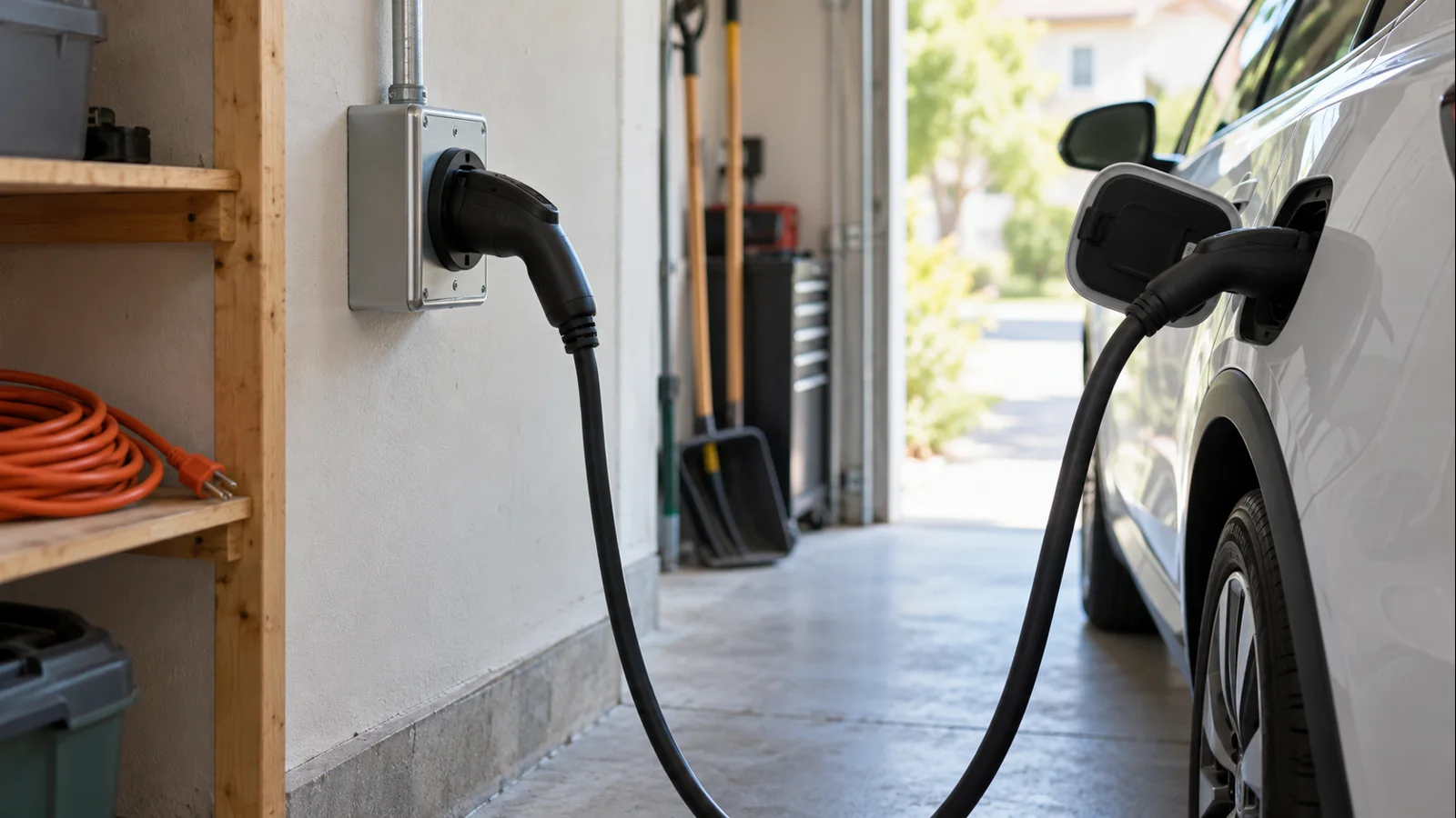 Proper EV charging setup beside an unused household extension cord illustrating extra-connection risk