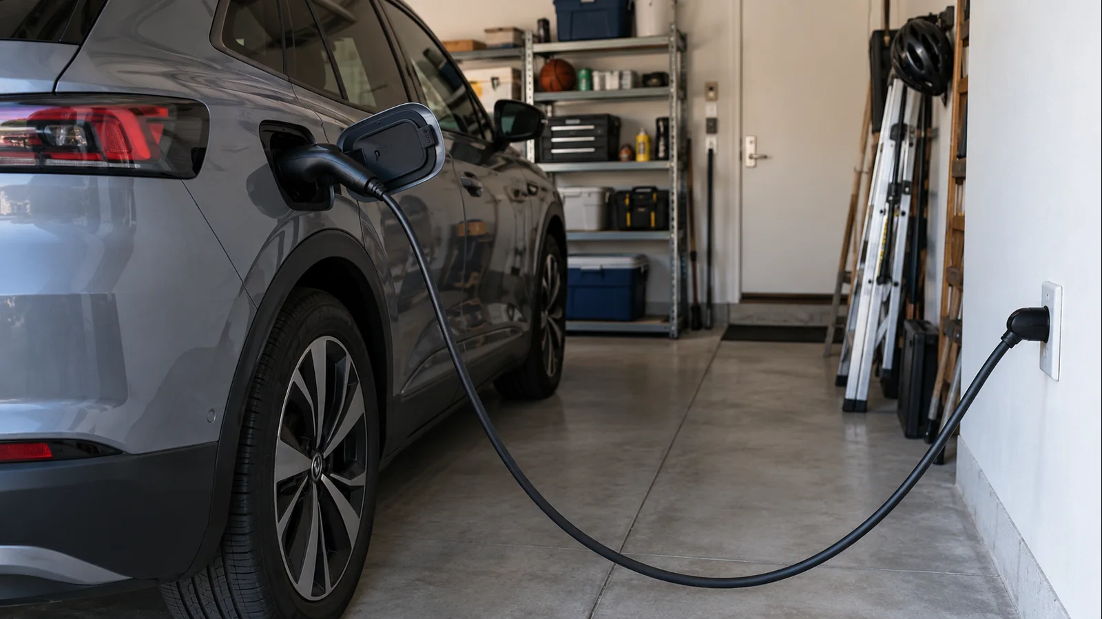 Portable EV charging cable connected directly to a properly located garage receptacle without an extension cord