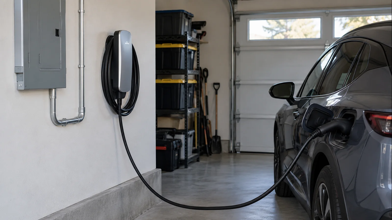Wall-mounted Level 2 EV charger with dedicated circuit and factory cable reaching the vehicle