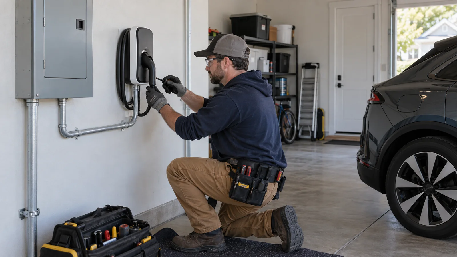 Electrician installing EV charging equipment closer to the parking position in a residential garage