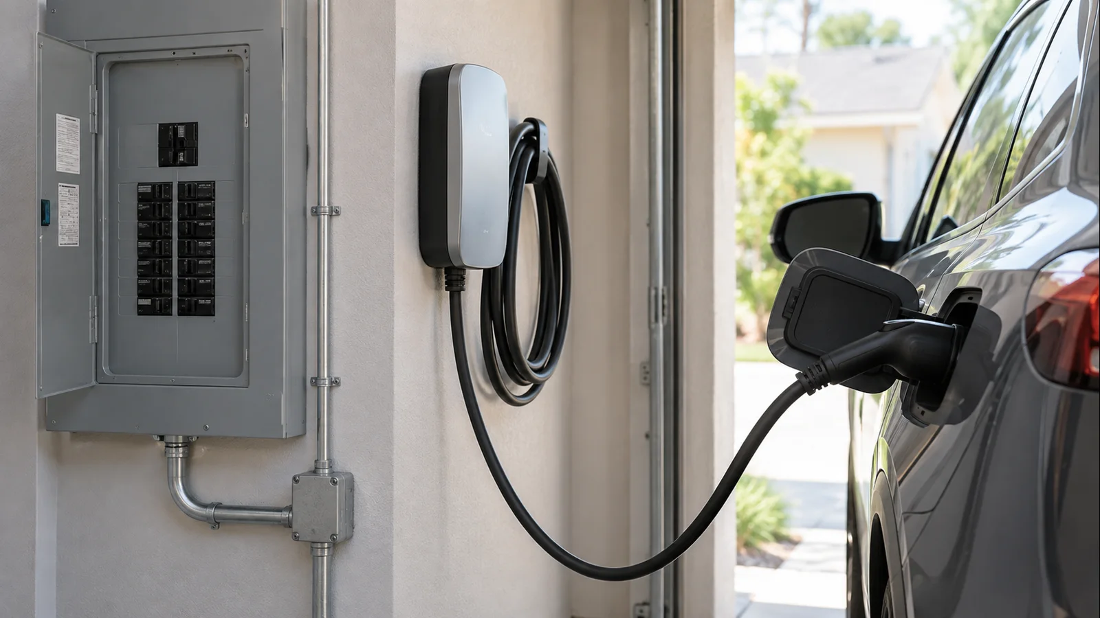 Electric vehicle connected to a Level 2 home charger in a U.S. residential garage