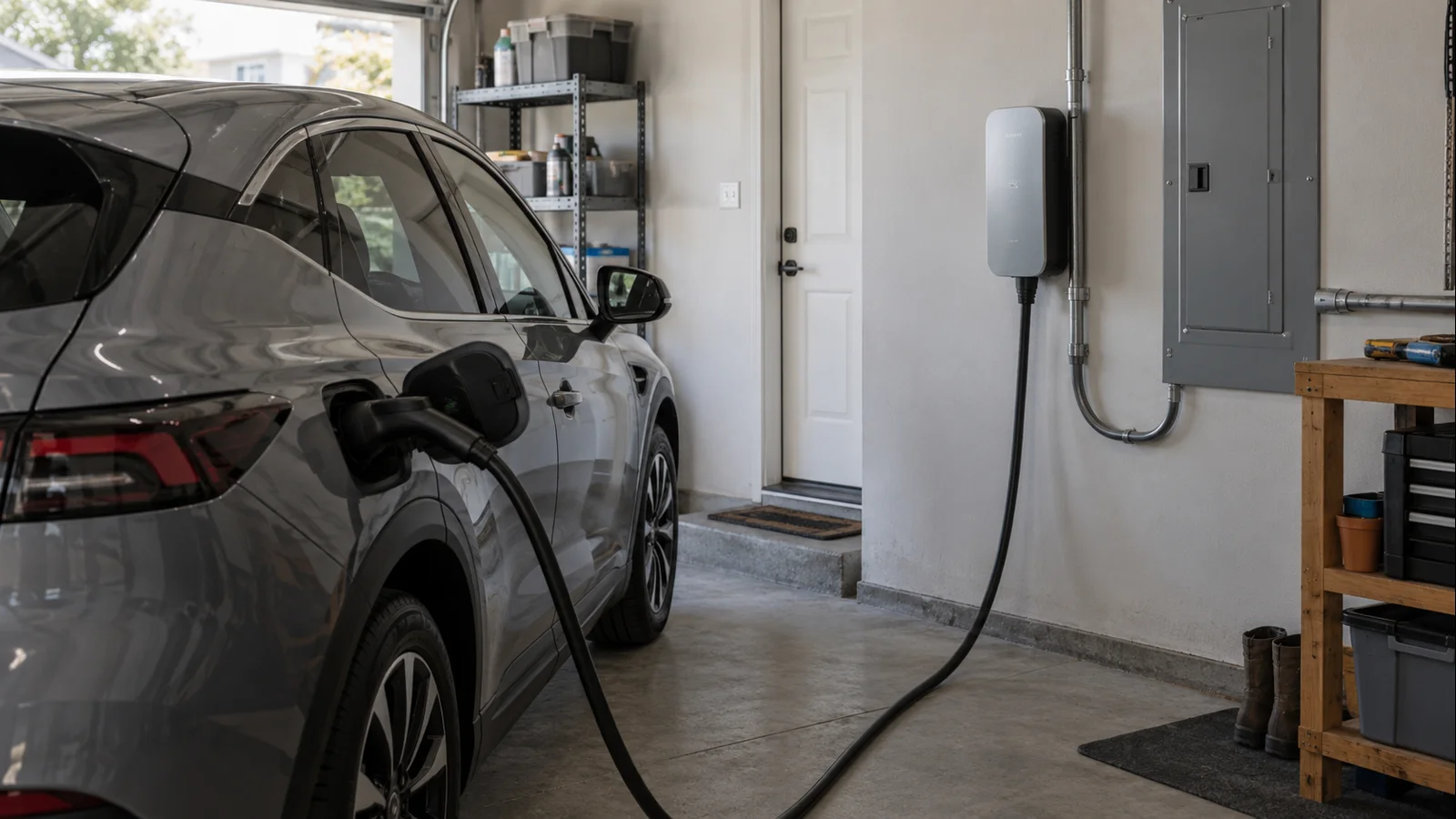 Level 2 EV charging setup showing the charger, cable, vehicle connection and electrical context