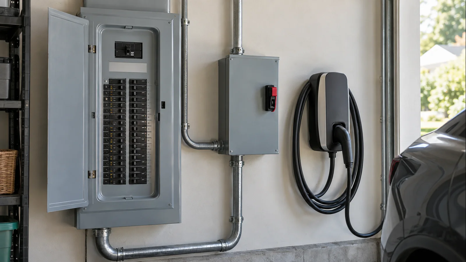 Residential electrical panel and Level 2 EV charger showing circuit-capacity considerations