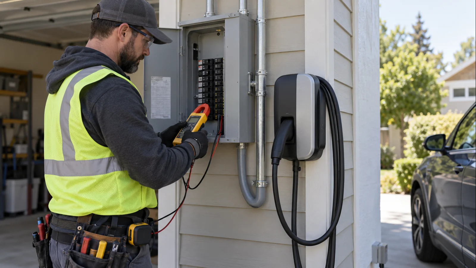 Electrician safely diagnosing a residential Level 2 EV charging installation