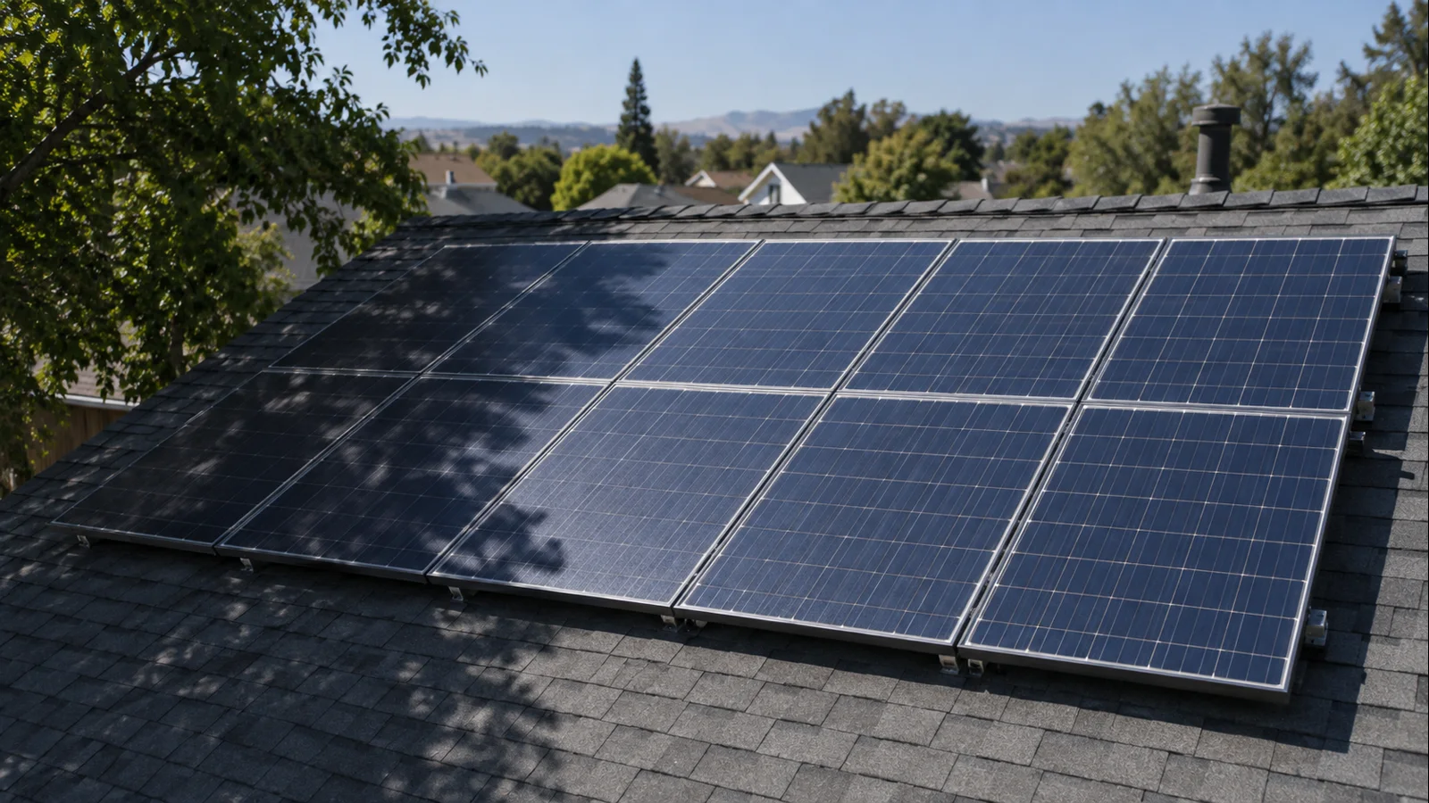 Partially shaded rooftop solar modules beside neighboring sunlit modules