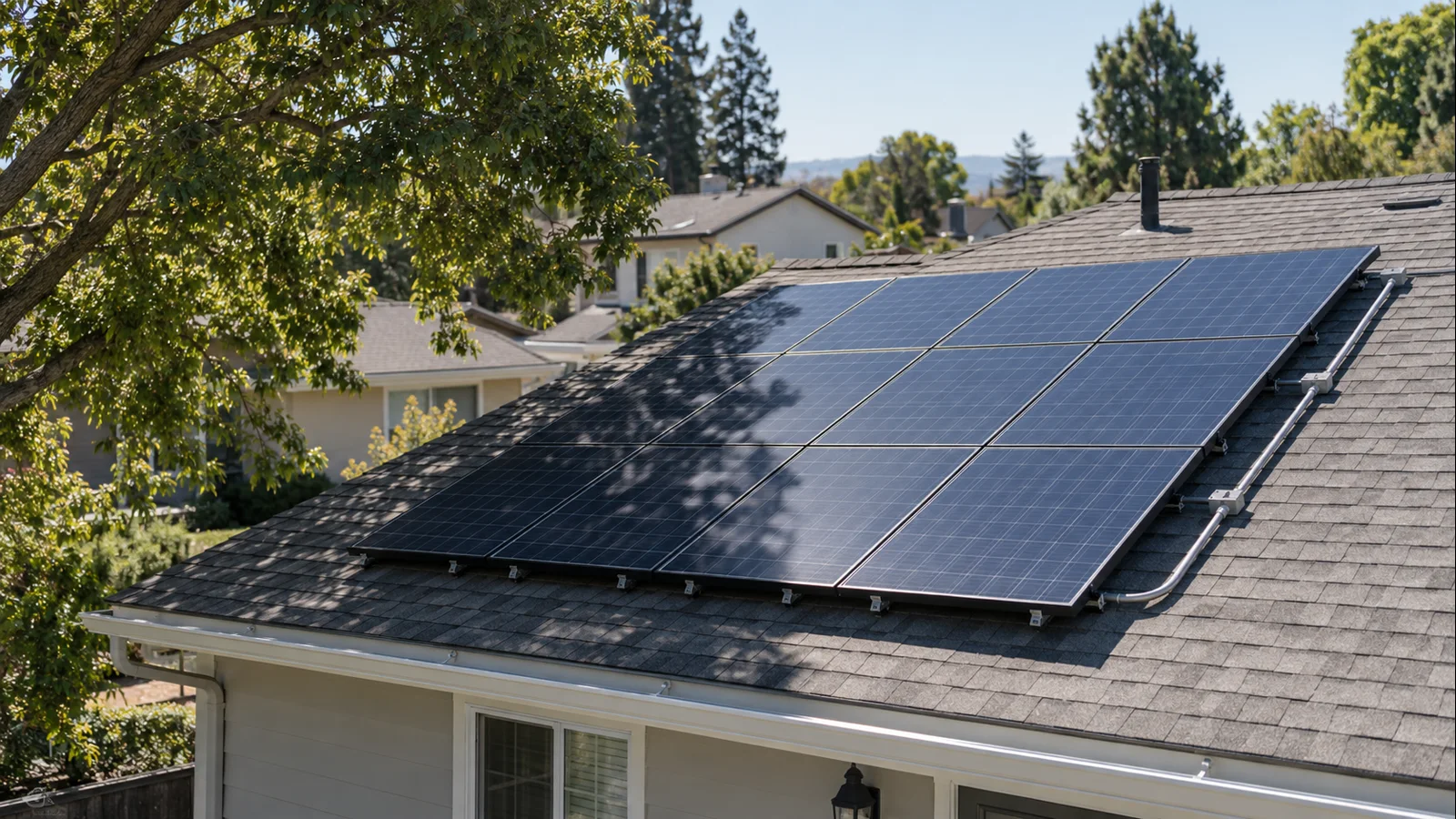 U.S. rooftop solar array with realistic partial tree shade across part of the modules