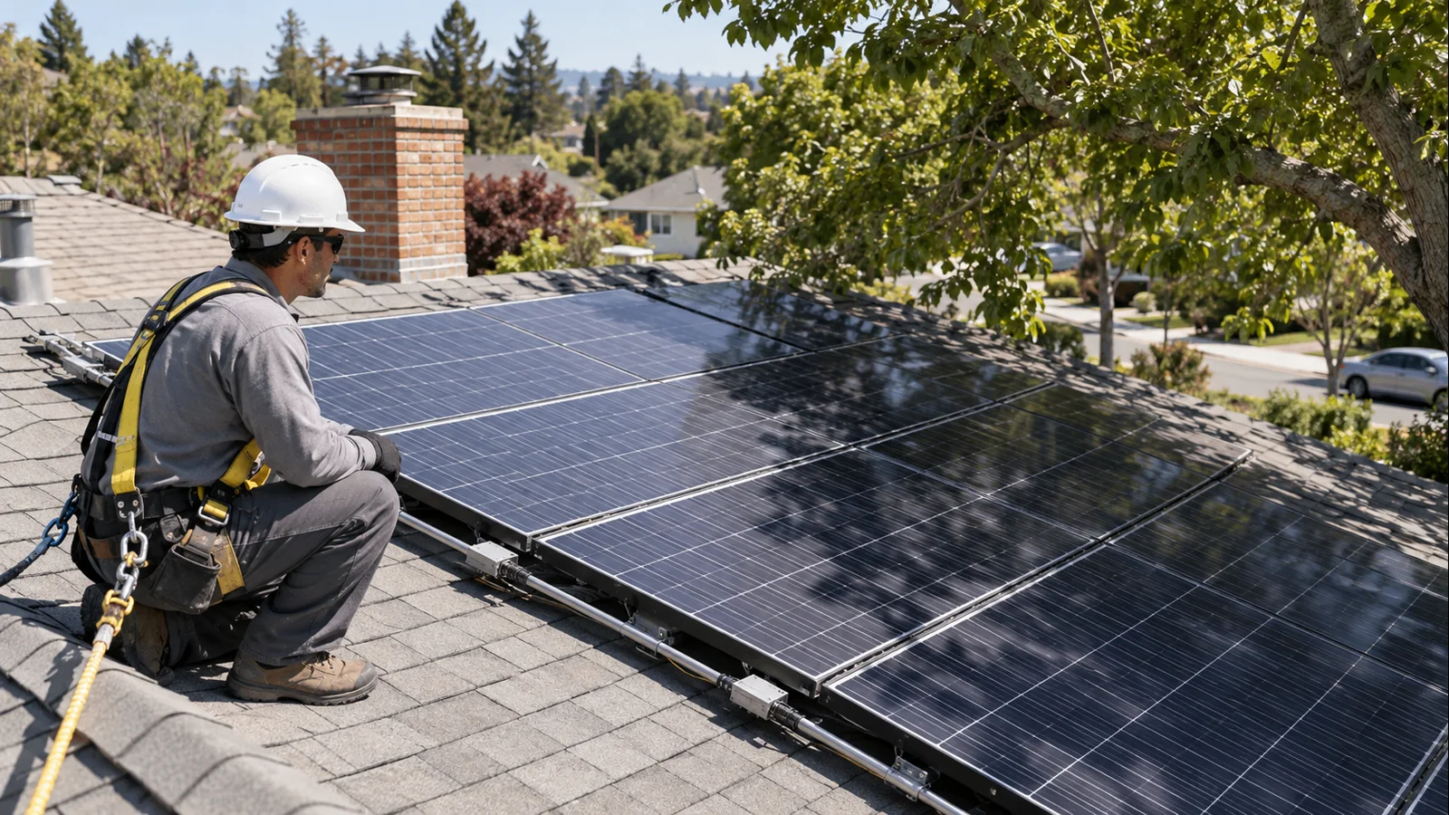 Solar installer safely inspecting rooftop shading and array layout
