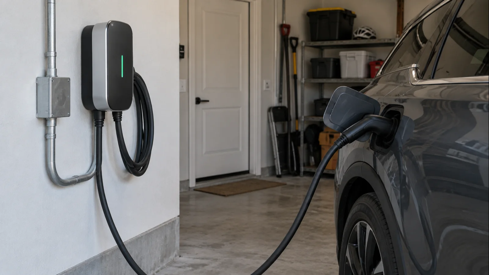 Wall-mounted Level 2 EV charger installed beside an electric vehicle in a U.S. residential garage