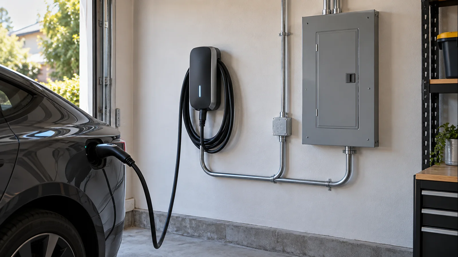 Residential EV charger with charging cable, vehicle inlet and dedicated electrical service context