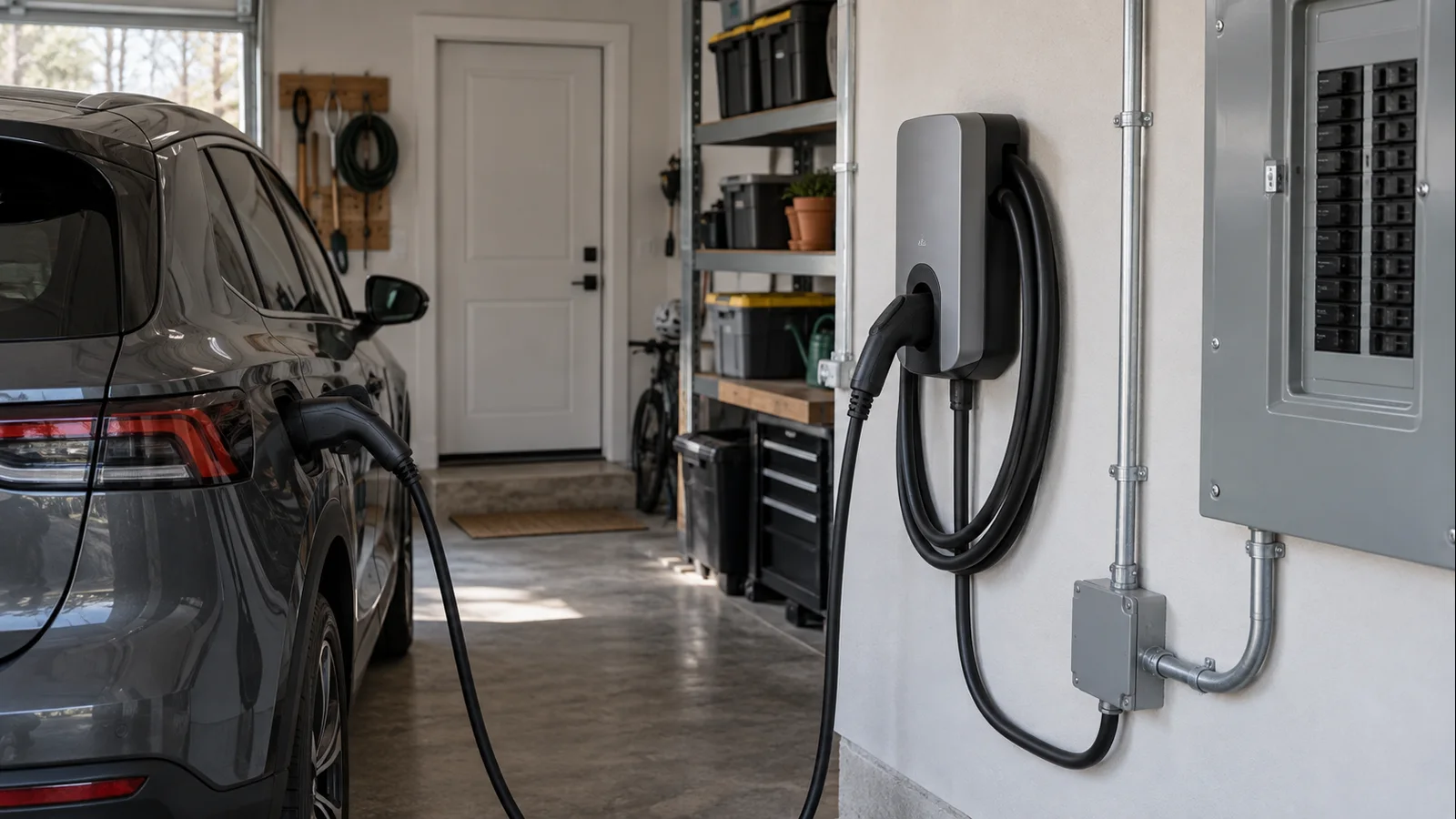 Home EV charger and electrical panel showing circuit-capacity and hardwired installation context