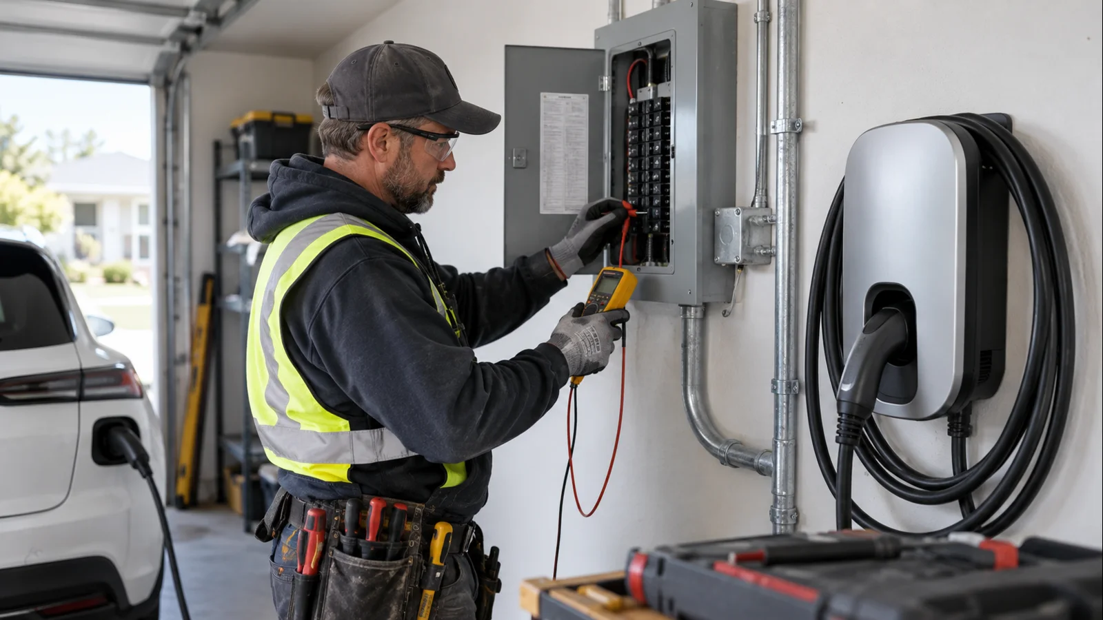 Electrician safely installing and commissioning a residential Level 2 EV charger