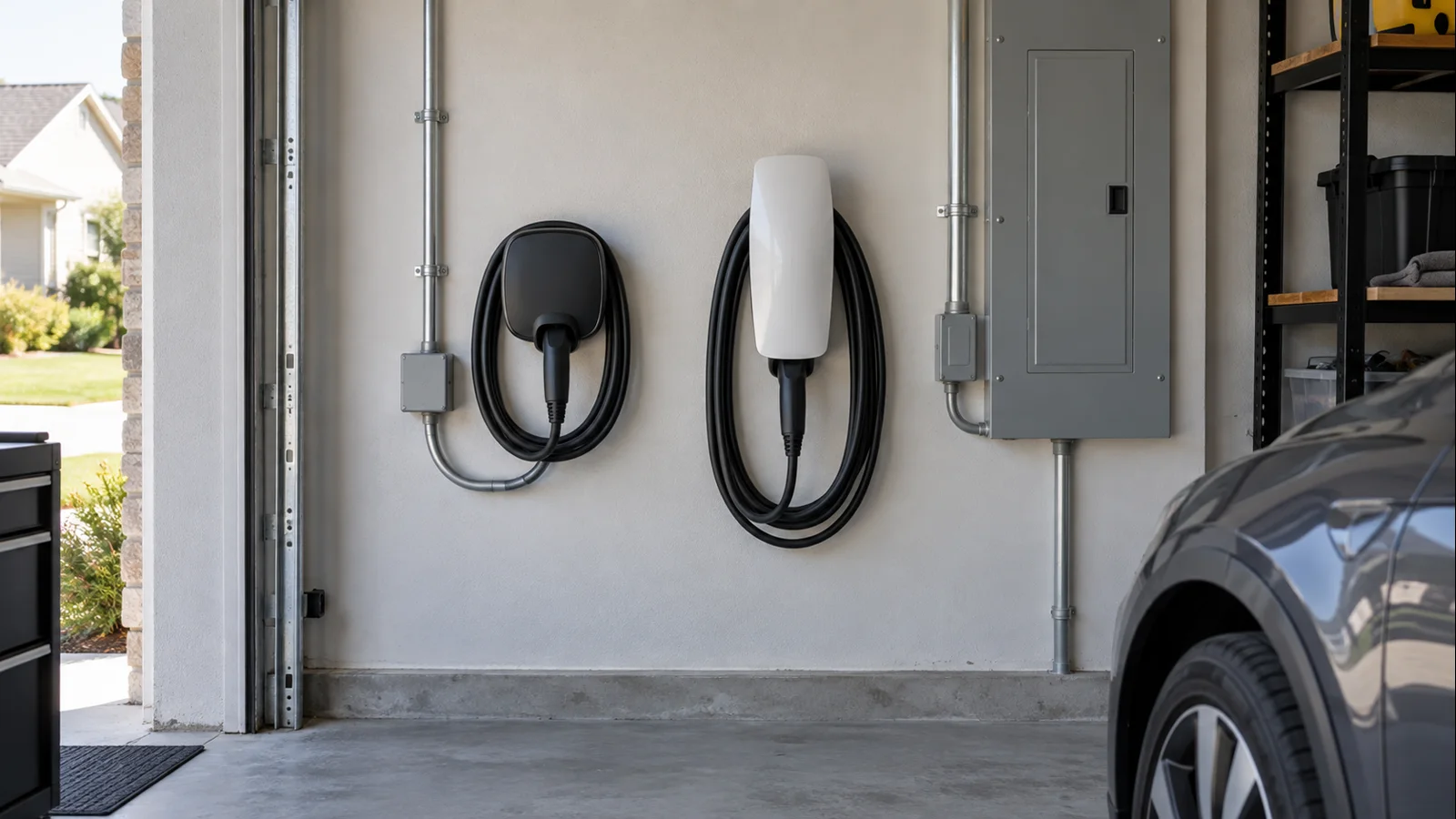 Two wall-mounted Level 2 EV chargers installed in a realistic U.S. residential garage