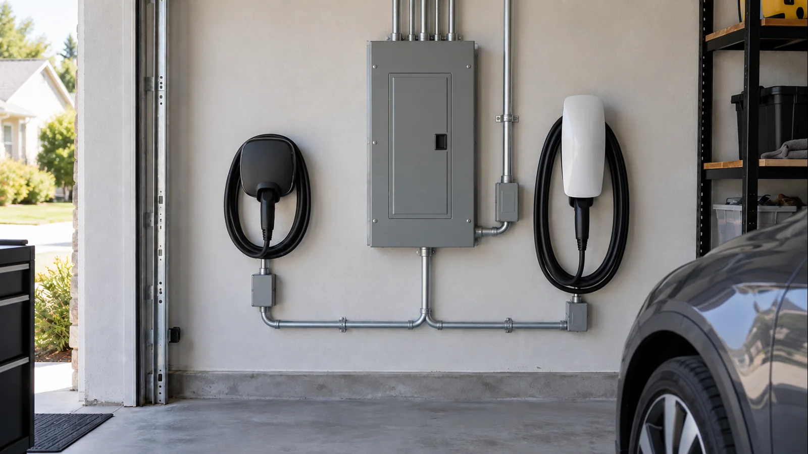 Residential electrical panel and Level 2 EV charger showing load-management installation context