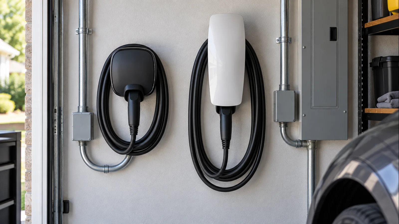 Two residential EV charging installations showing different connector and installation approaches