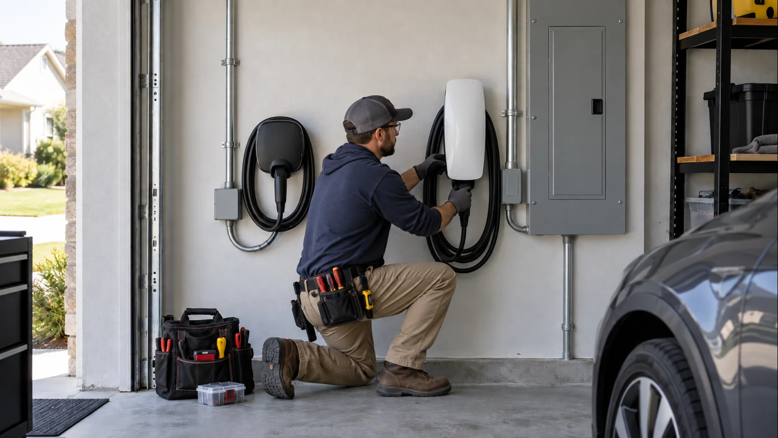 Electrician safely installing a hardwired Level 2 EV charger in a U.S. garage