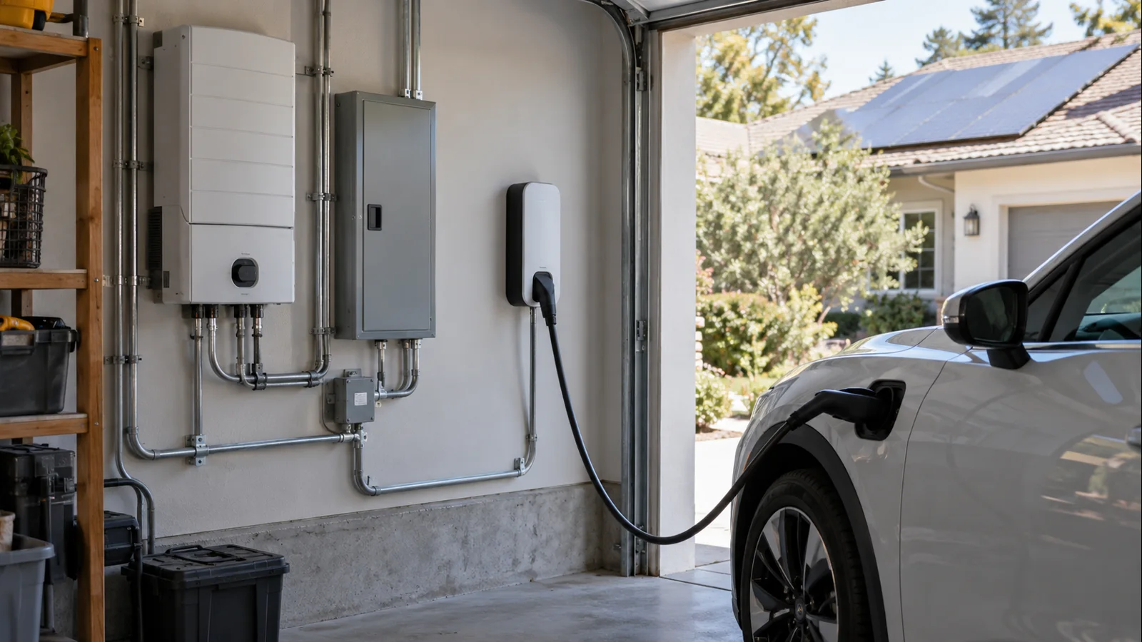 U.S. home with rooftop solar and a wall-mounted Level 2 EV charger connected in the garage