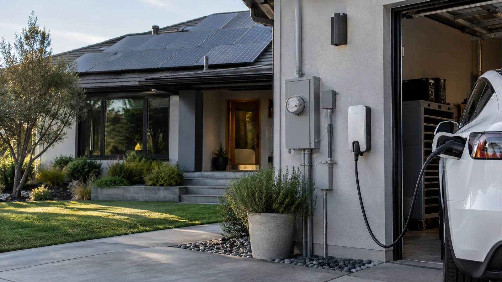 Residential rooftop solar, utility service and EV charging shown together for solar-charging coordination