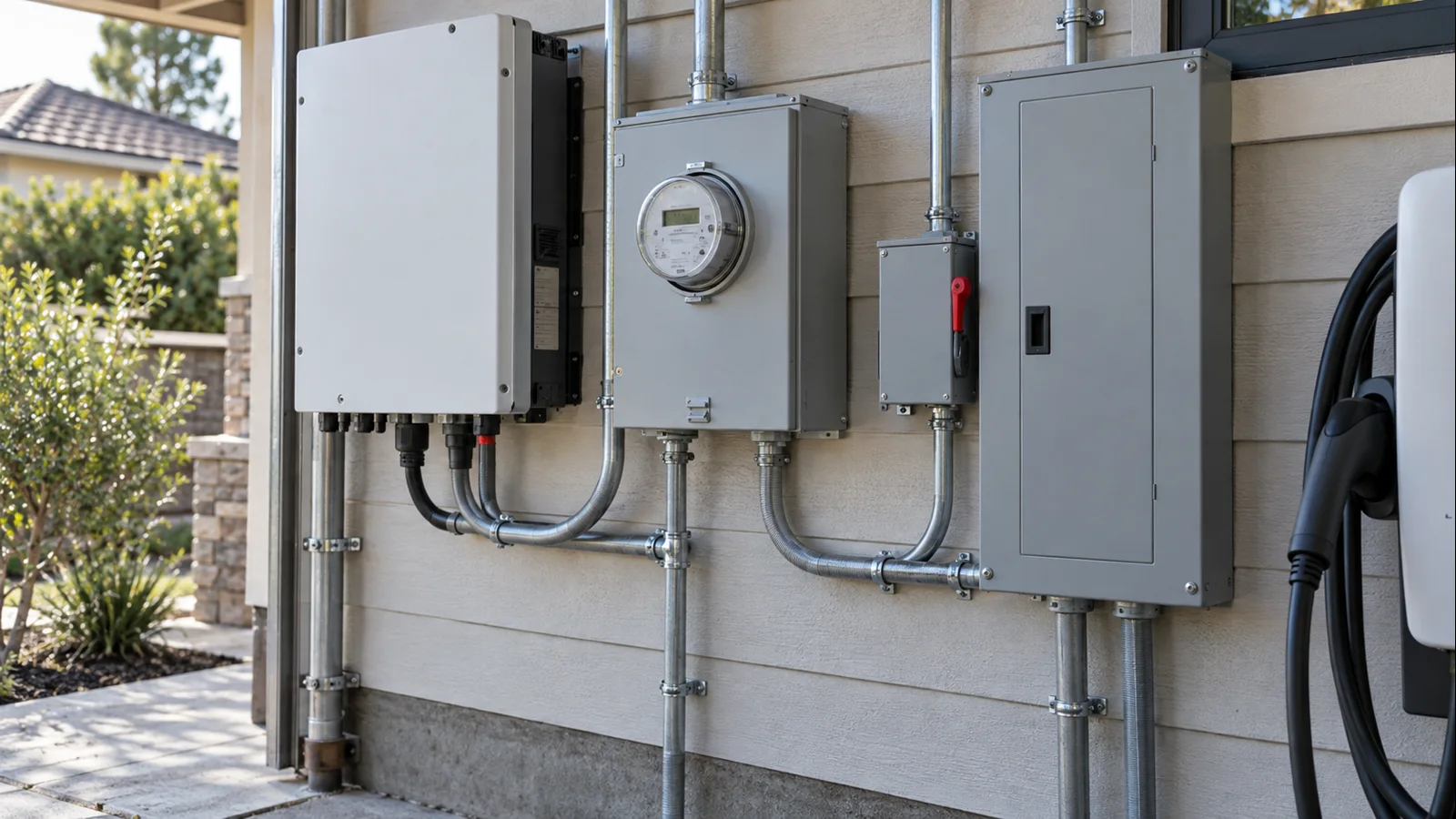 Solar inverter, utility meter, electrical panel and EV charger in a realistic residential installation