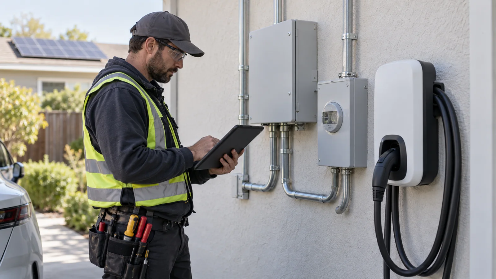 Technician safely checking a residential solar and EV charging system